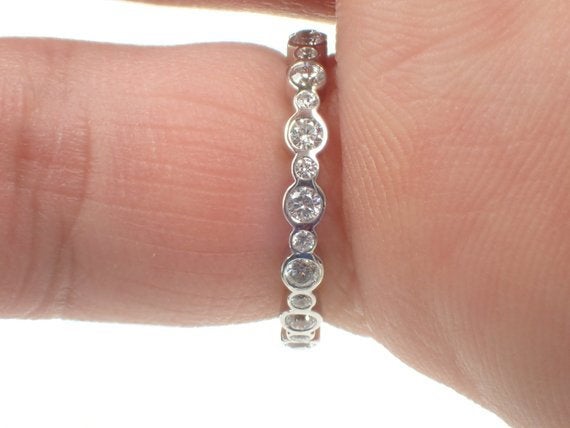 White Sapphire Bezel Set Ring, 14k Gold Full Eternity Band, Delicate September Birthstone Band