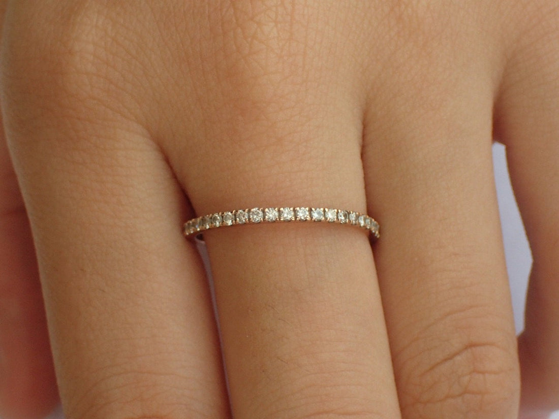 Micro Pave Eternity Diamond Band, 14k Rose Gold Delicate Dainty Full Eternity Band, Ready to Ship - Fast Shipping