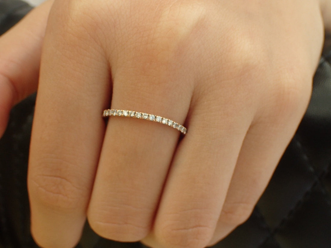 Micro Pave Eternity Diamond Band, 14k Rose Gold Delicate Dainty Full Eternity Band, Ready to Ship - Fast Shipping