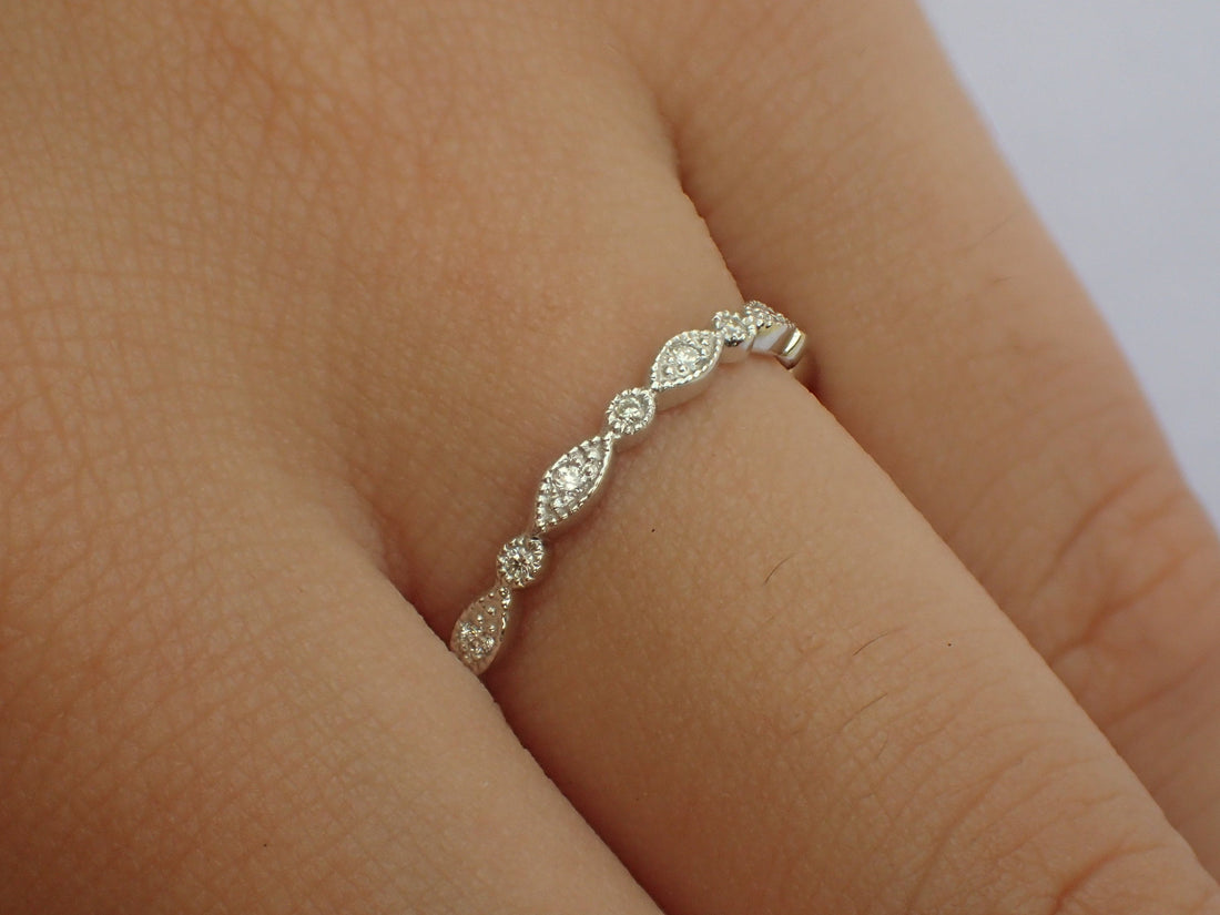 Art Deco Milgrain Wedding Band, Marquise Matching Band, Stackable Diamond Ring, Ready to Ship - Fast Shipping