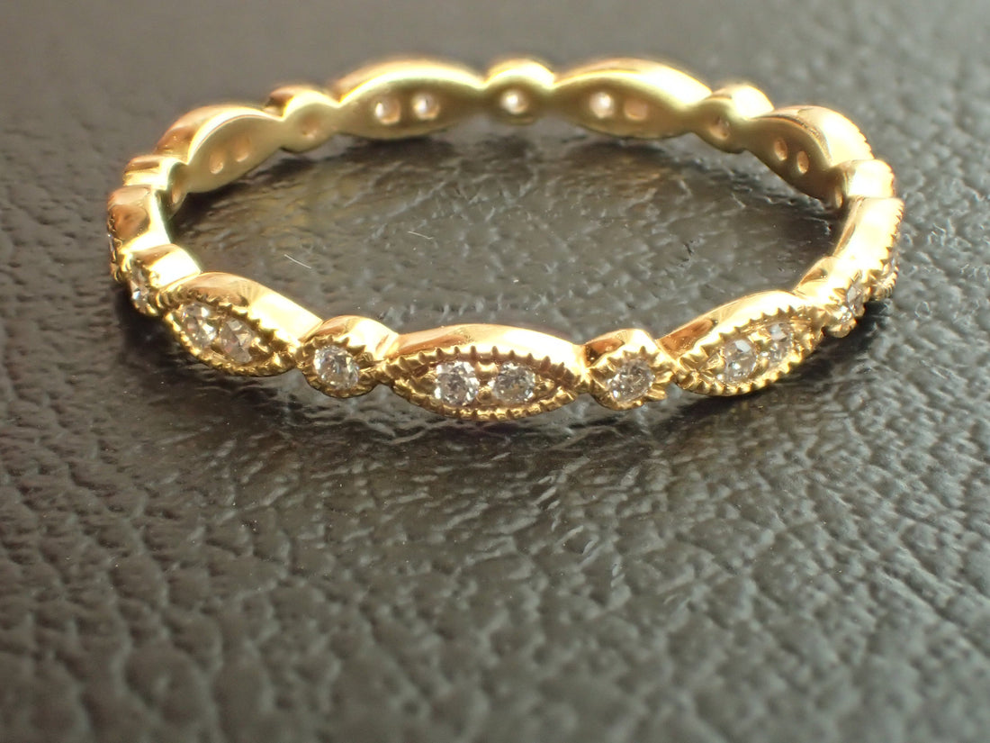 Art Deco Marquise Dot Diamond Band, Full Eternity Art Deco Unique Diamond Band, Solid Gold Bridal Art Deco Band