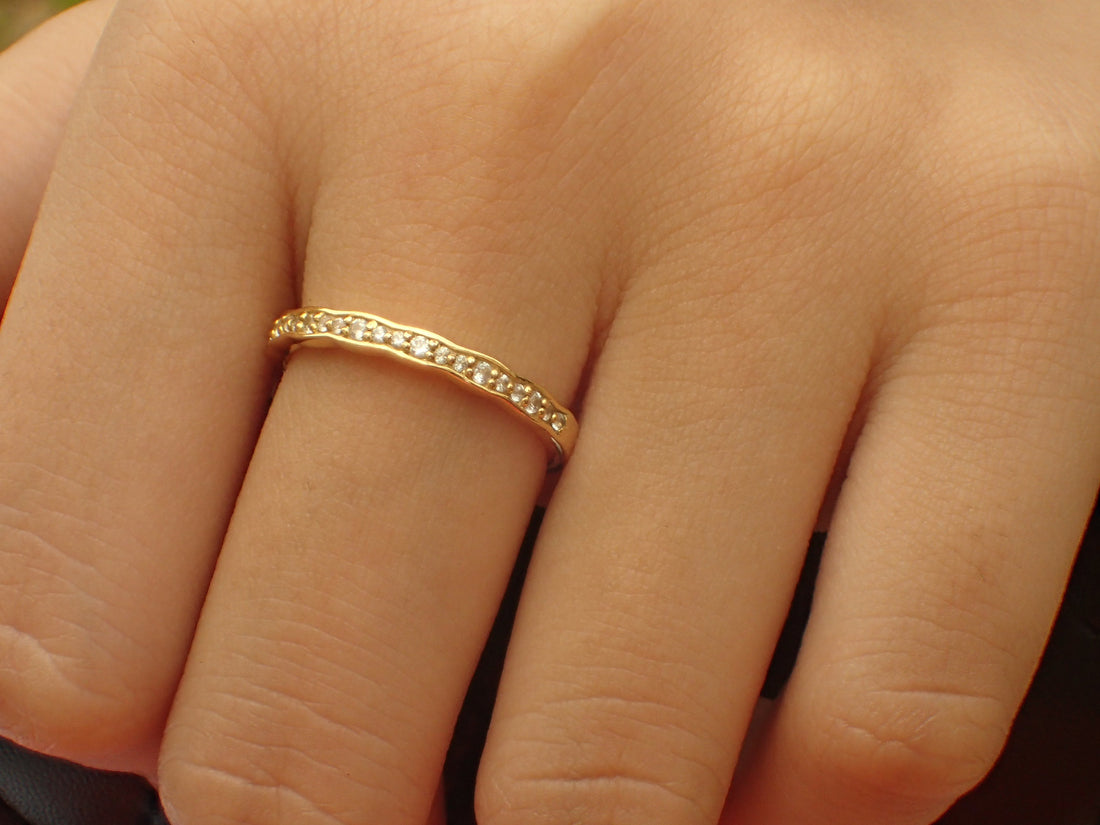 Art Deco Wave Diamond Wedding Band, Solid Gold Vintage Inspired Band, Half Eternity Band, Delicate Wave Band