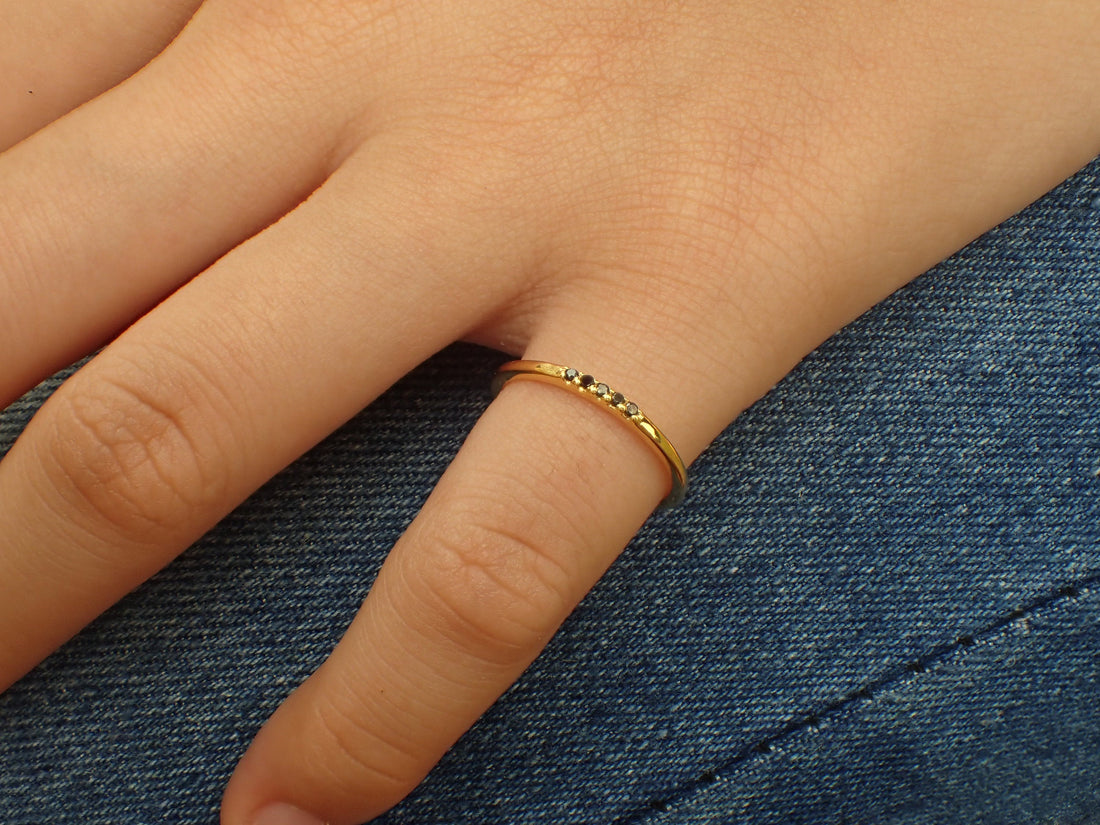 5 Stones Black Diamond Band, Dainty Stackable Ring, Five Stones Ring, Dainty Thin Band, Ready to Ship - Fast Shipping