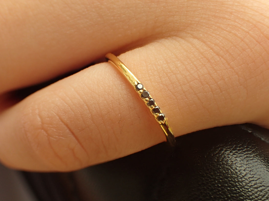 5 Stones Black Diamond Band, Dainty Stackable Ring, Five Stones Ring, Dainty Thin Band, Ready to Ship - Fast Shipping