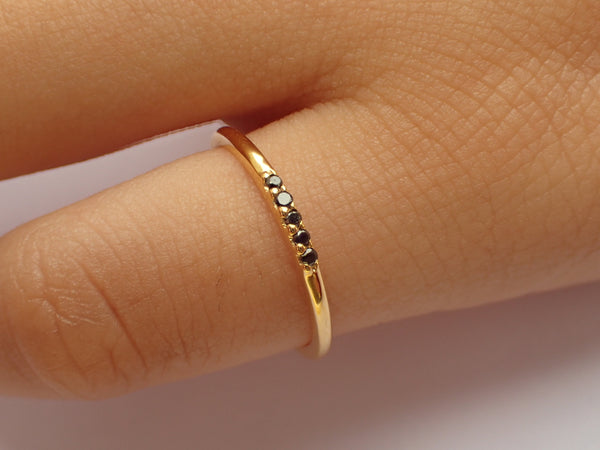 5 Stones Black Diamond Band, Dainty Stackable Ring, Five Stones Ring, Dainty Thin Band, Ready to Ship - Fast Shipping