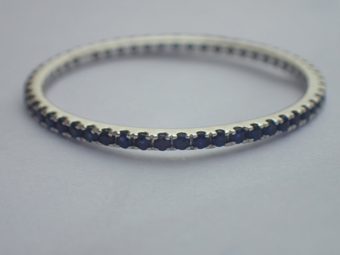 Micro Pave Eternity Blue Sapphire Band, Thin Dainty Band, Full Eternity Ring, 14K White Gold, Ready to Ship - Fast Shipping