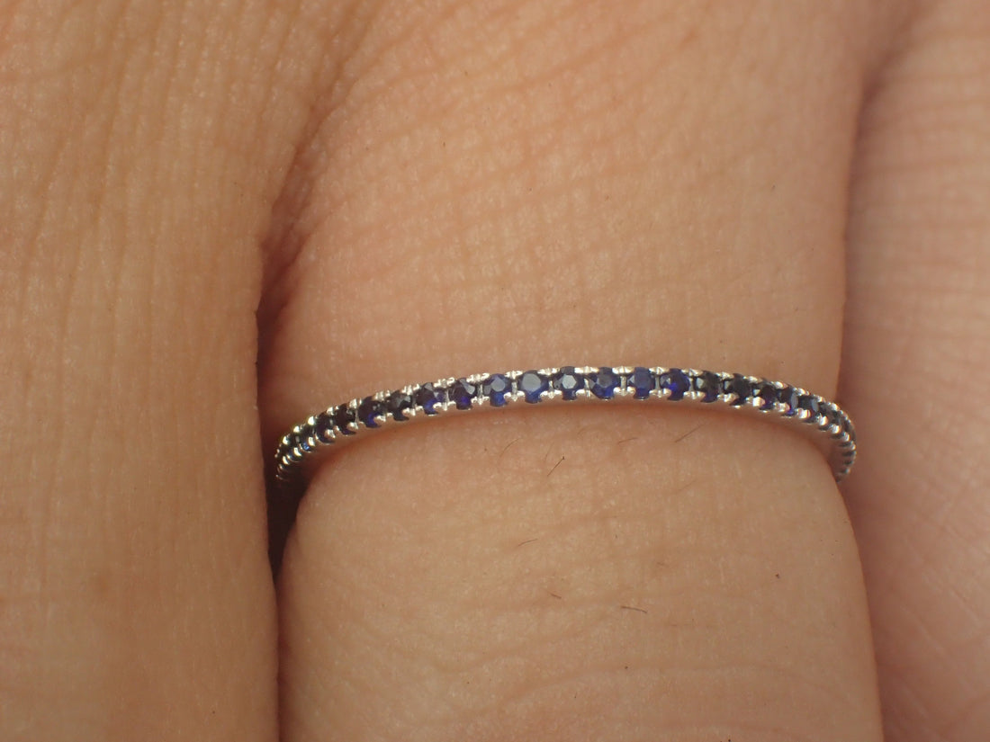 Micro Pave Eternity Blue Sapphire Band, Thin Dainty Band, Full Eternity Ring, 14K White Gold, Ready to Ship - Fast Shipping