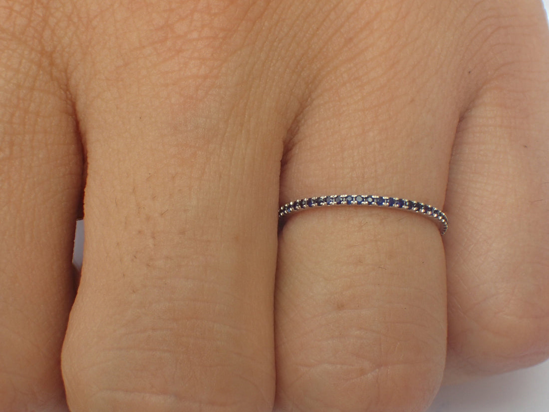 Micro Pave Eternity Blue Sapphire Band, Thin Dainty Band, Full Eternity Ring, 14K White Gold, Ready to Ship - Fast Shipping