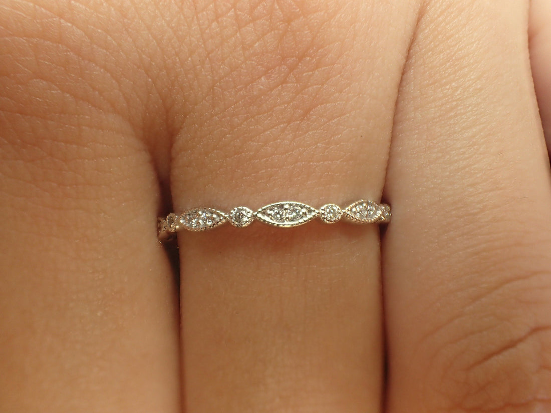 Art Deco Marquise Matching Band, 14k White Gold Full Eternity Ring, Stackable Diamond Wedding Band, Ready to Ship