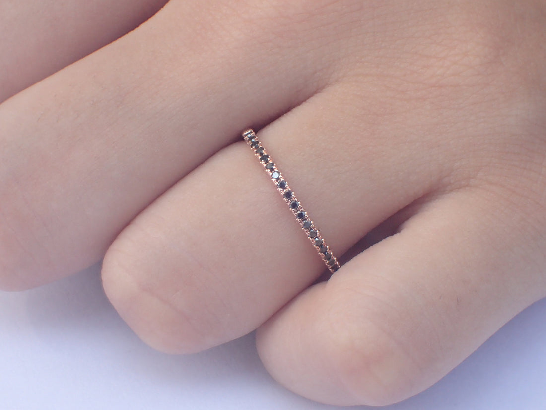 Micro Pave Eternity Black Diamond Band, 14k Rose Gold Half Eternity Band, Delicate Dainty Band, Ready to Ship - Fast Shipping