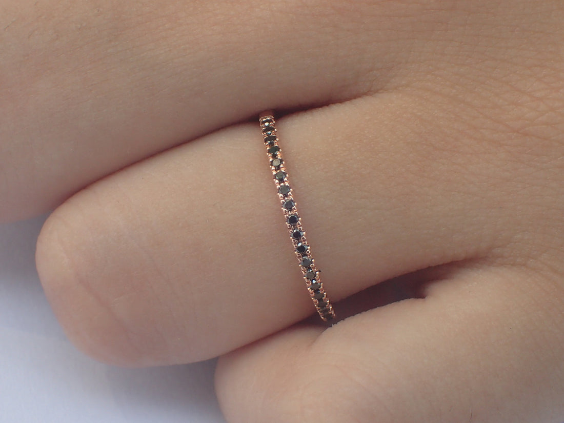 Micro Pave Eternity Black Diamond Band, 14k Rose Gold Half Eternity Band, Delicate Dainty Band, Ready to Ship - Fast Shipping