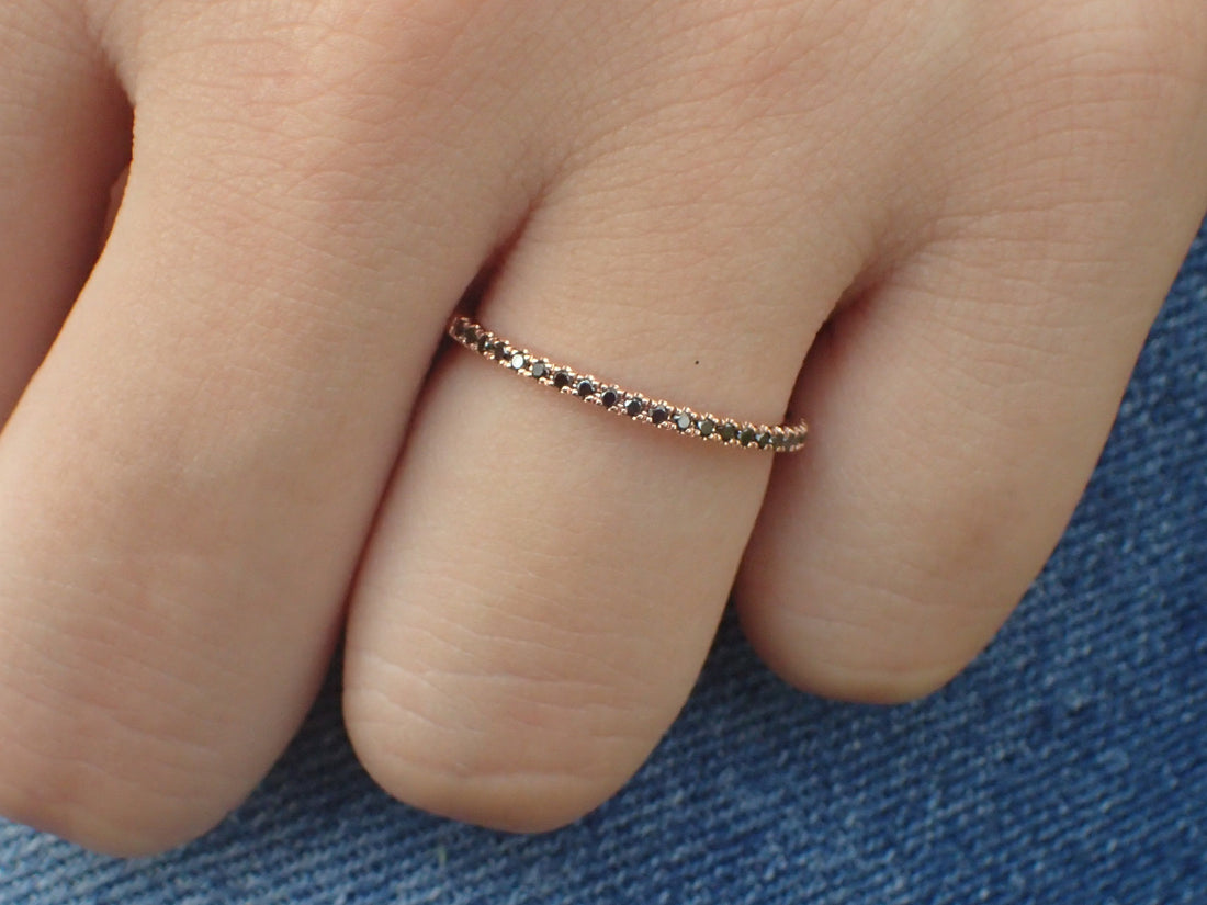 Micro Pave Eternity Black Diamond Band, 14k Rose Gold Half Eternity Band, Delicate Dainty Band, Ready to Ship - Fast Shipping