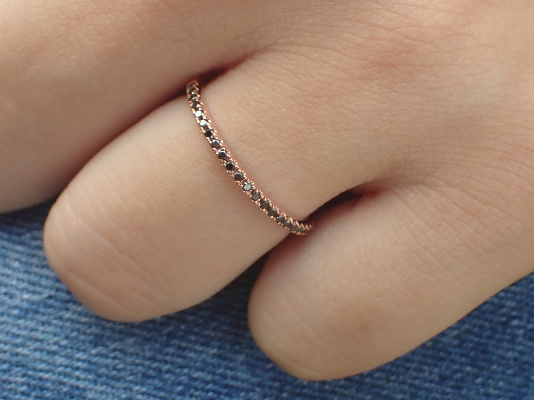 Micro Pave Eternity Black Diamond Band, 14k Rose Gold Half Eternity Band, Delicate Dainty Band, Ready to Ship - Fast Shipping