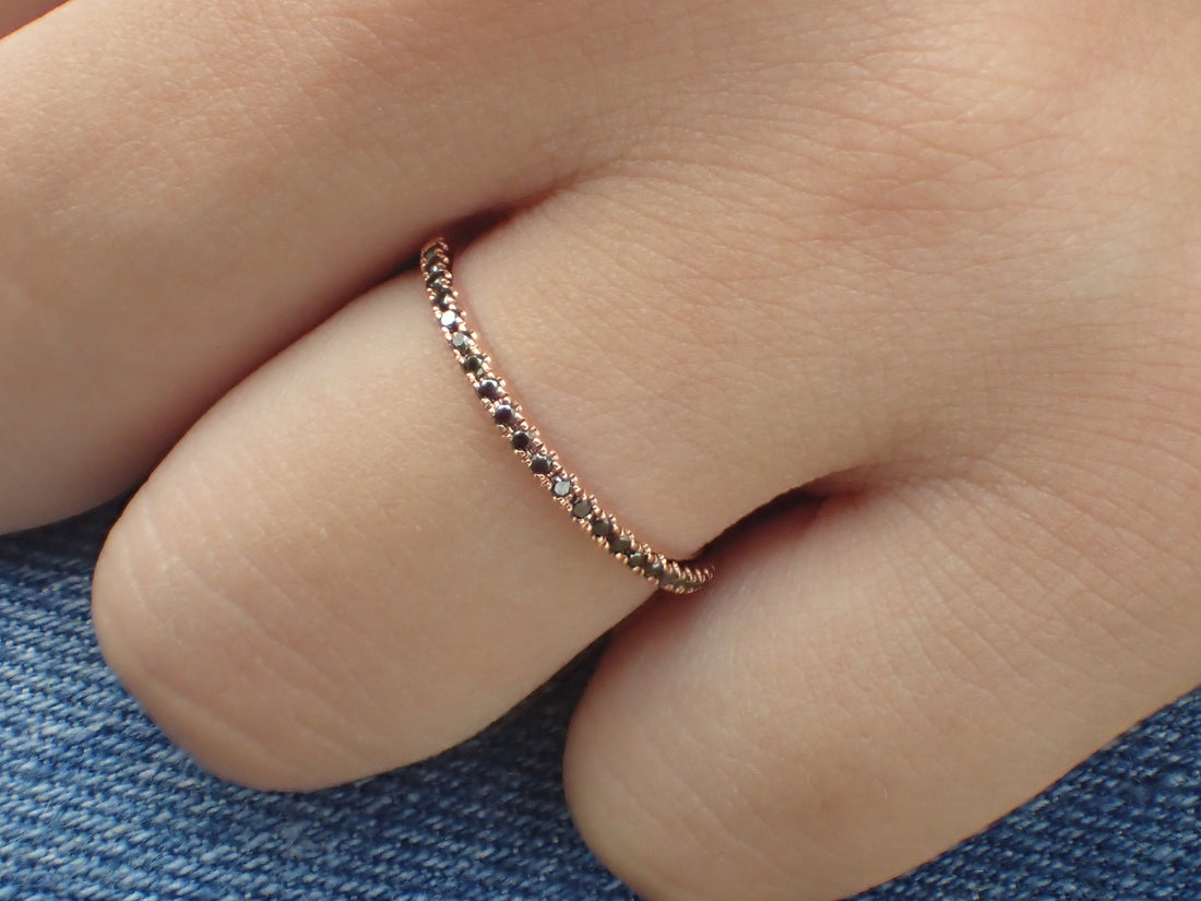 Micro Pave Eternity Black Diamond Band, 14k Rose Gold Half Eternity Band, Delicate Dainty Band, Ready to Ship - Fast Shipping