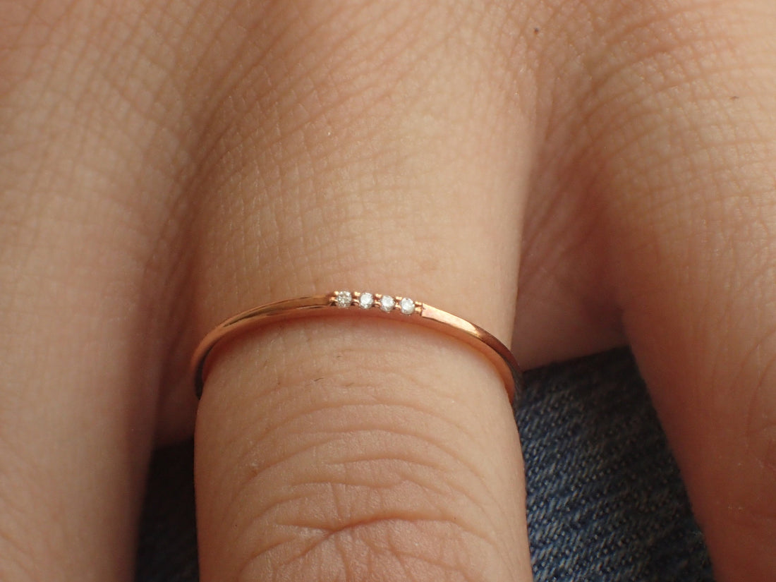 Four Diamonds Ring, Thin Dainty Band, 14k Rose Gold 4 Stones Ring, Dainty Stackable Diamond Ring, Ready to Ship - Fast Shipping