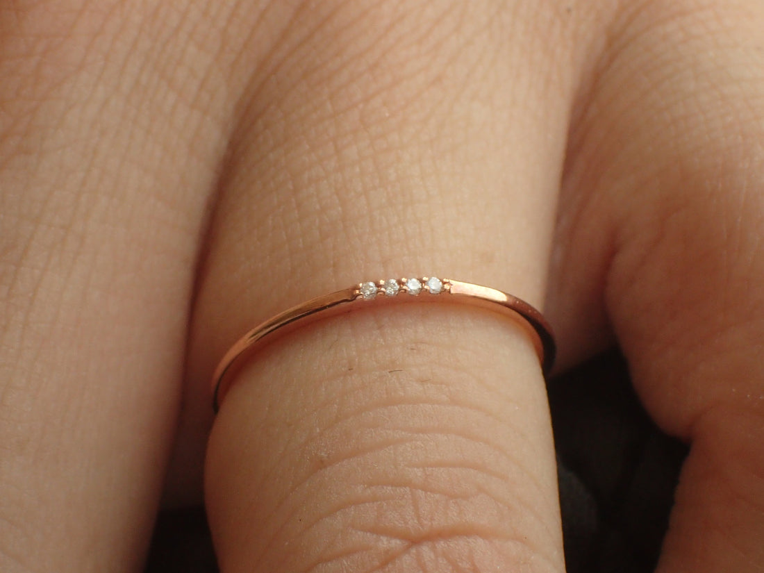 4 Diamonds Stackable Ring, Delicate Four Stones Dainty Thin Band, 14k Rose Gold Diamond Ring, Ready to Ship - Fast Shipping