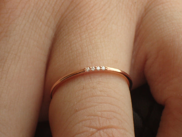 Four Diamonds Ring, Thin Dainty Band, 14k Rose Gold 4 Stones Ring, Dainty Stackable Diamond Ring, Ready to Ship - Fast Shipping