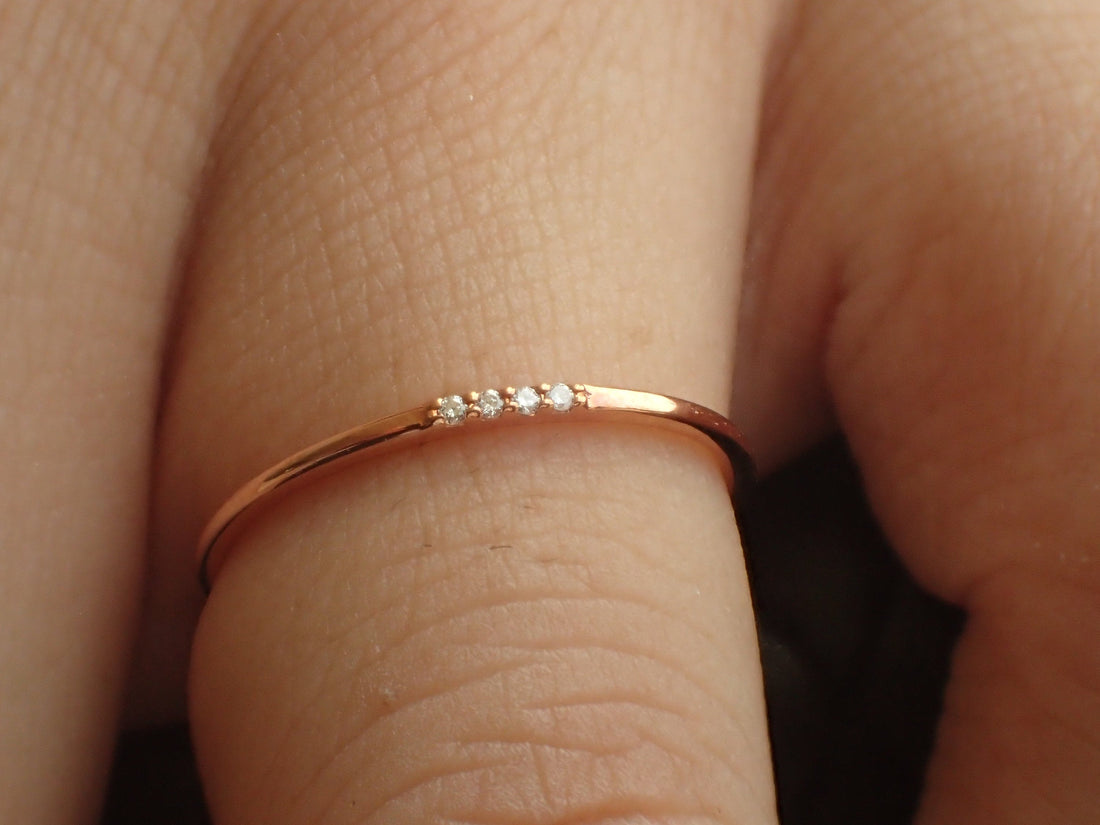 Four Diamonds Ring, Thin Dainty Band, 14k Rose Gold 4 Stones Ring, Dainty Stackable Diamond Ring, Ready to Ship - Fast Shipping