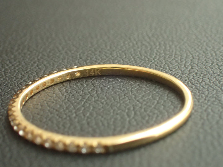 Micro Pave Diamond Wedding Band, 14k Yellow Gold Half Eternity Ring, Stackable Diamond Ring, Dainty Thin Band, Ready to Ship