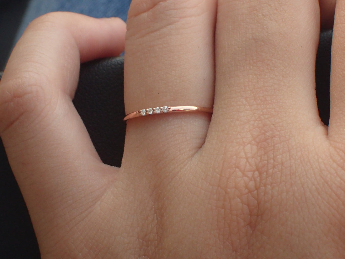 4 Diamonds Stackable Ring, Delicate Four Stones Dainty Thin Band, 14k Rose Gold Diamond Ring, Ready to Ship - Fast Shipping