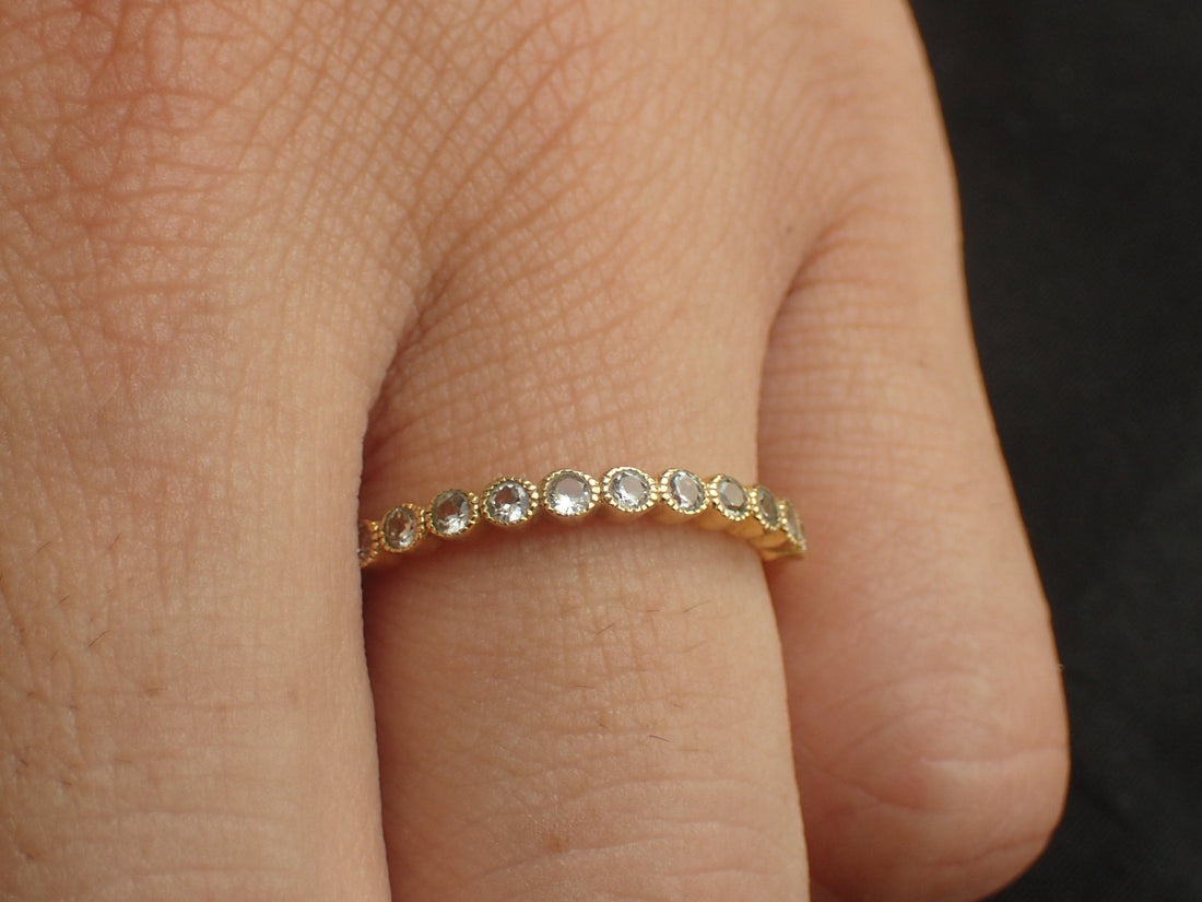 2mm White Sapphire Wedding Band, Bezel Set Ring with Milgrain, 10k Yellow Gold Half Eternity Band, Ready to Ship - Fast Shipping