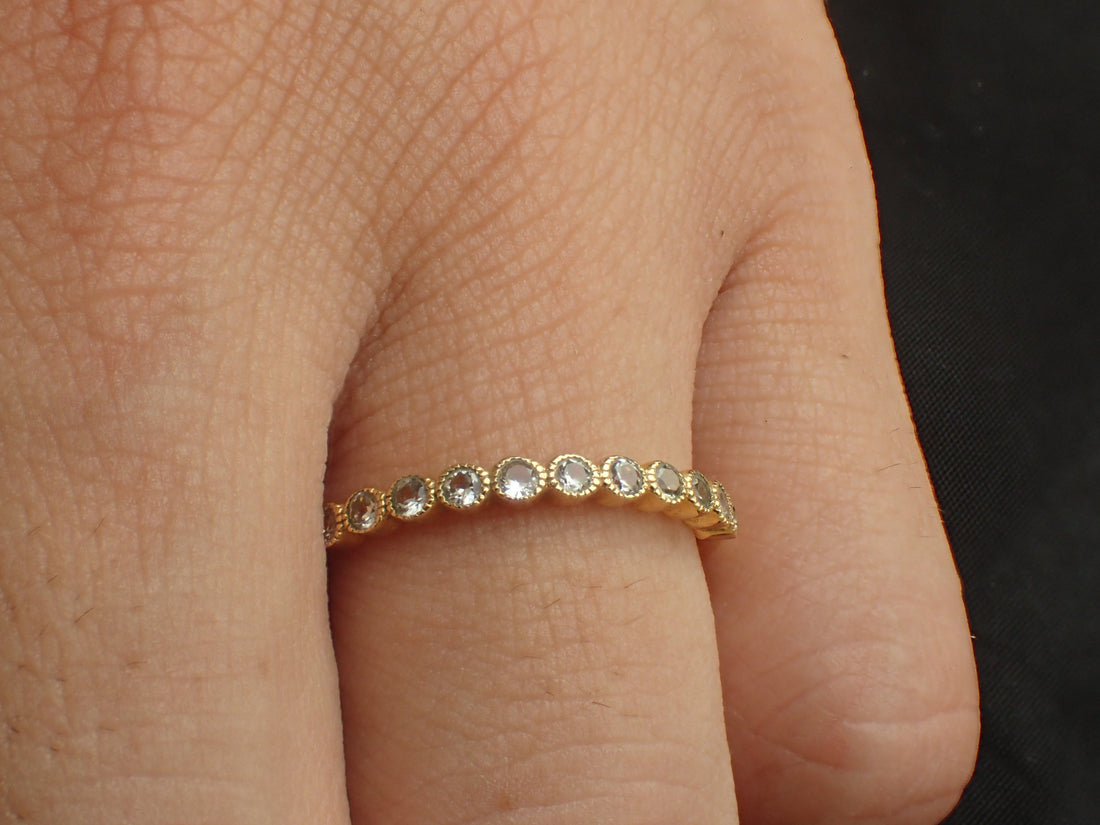 2mm White Sapphire Wedding Band, Bezel Set Ring with Milgrain, 10k Yellow Gold Half Eternity Band, Ready to Ship - Fast Shipping