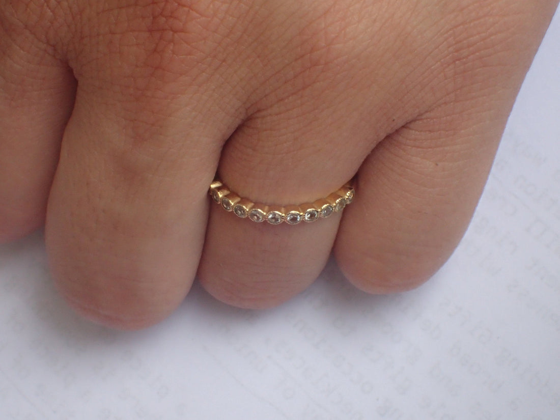 2mm White Sapphire Wedding Band, Bezel Set Ring with Milgrain, 10k Yellow Gold Half Eternity Band, Ready to Ship - Fast Shipping