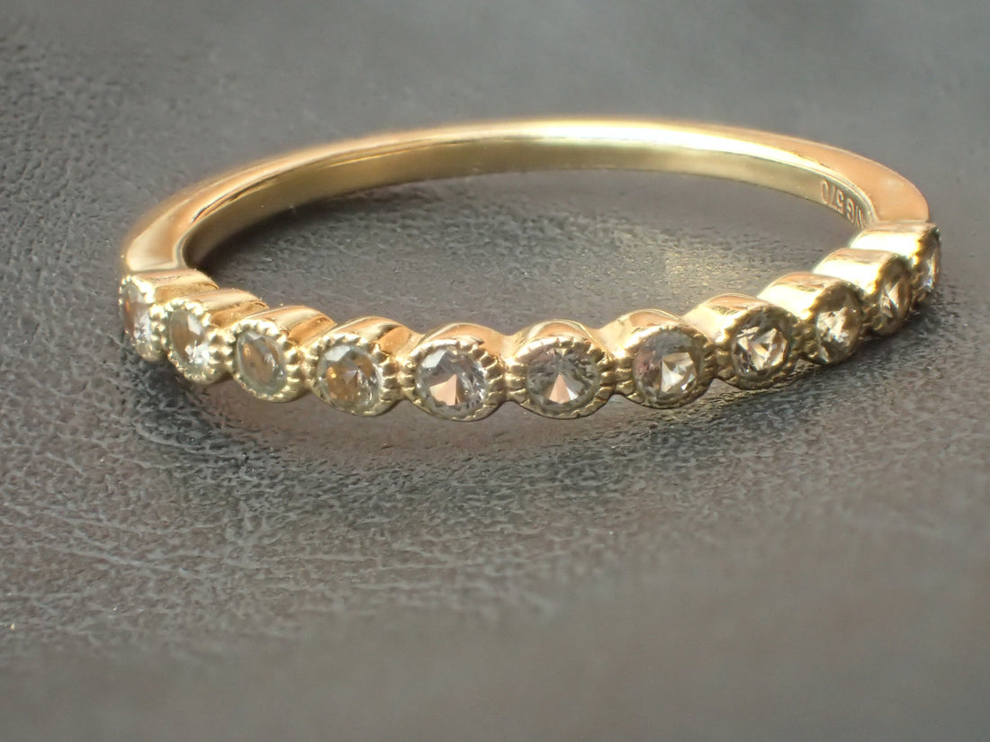 2mm White Sapphire Wedding Band, Bezel Set Ring with Milgrain, 10k Yellow Gold Half Eternity Band, Ready to Ship - Fast Shipping