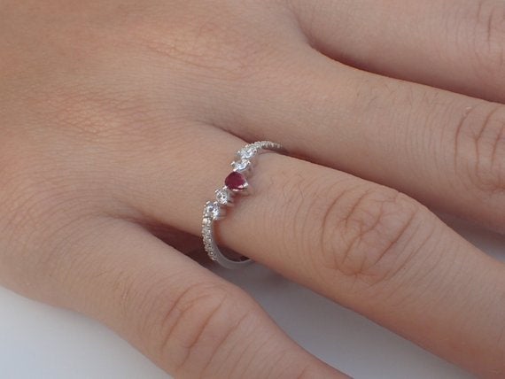 Curved Ring Enhancer, Engagement Ring Enhancer, Curved Chevron Wedding Band, Diamond Garnet Curved Ring