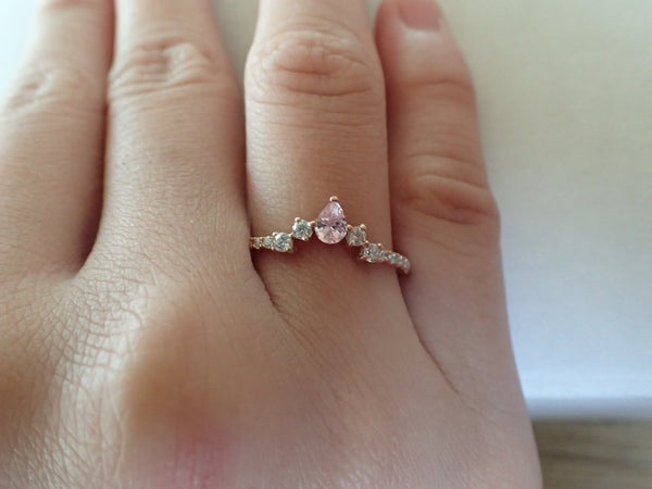 Curved Ring Enhancer, Engagement Ring Enhancer, Curved Chevron Wedding Band, Diamond Pink Sapphire Curved Ring