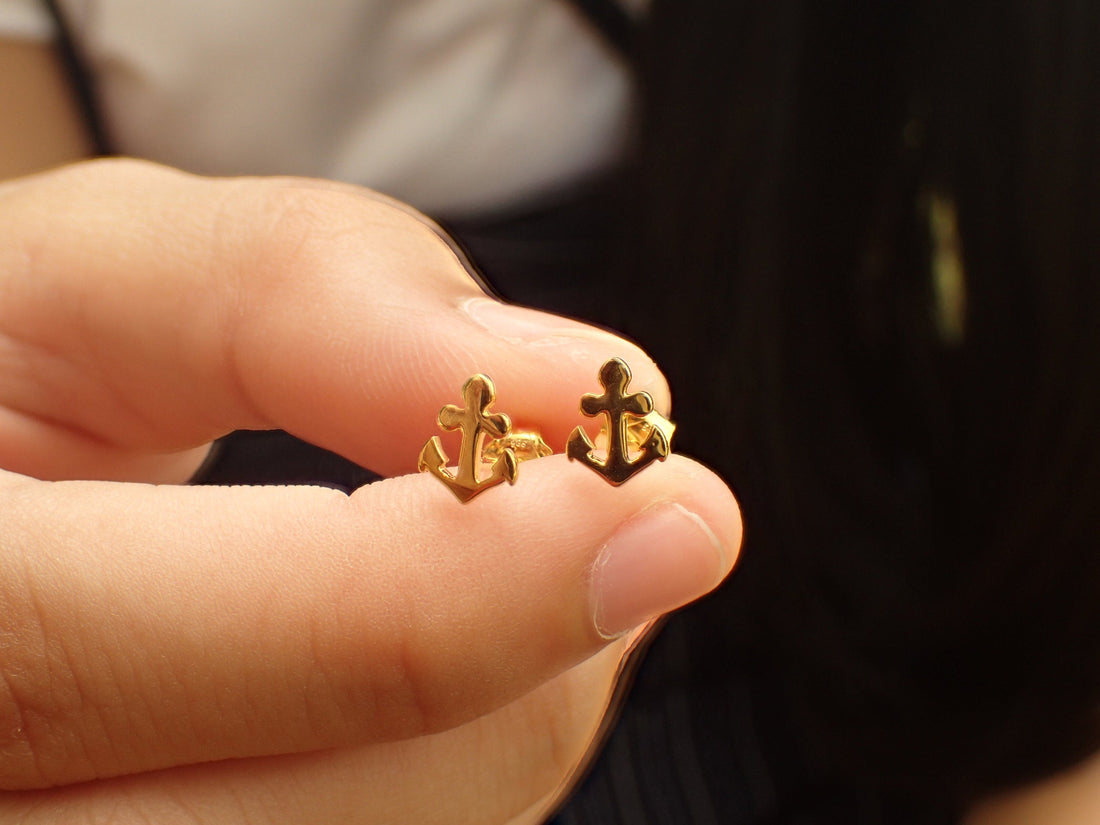 Anchor Stud Earrings, 14k Solid Gold Anchor Earrings, Tiny Stud Earrings, Nautical Earrings, Maritime Stud Earrings