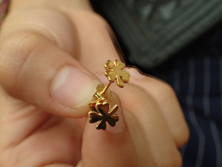 Four Leaf Clover Earrings, Clover Stud Earrings, 14k Solid Gold Dainty Earrings, Tiny Clover Earrings, Good Luck Earrings