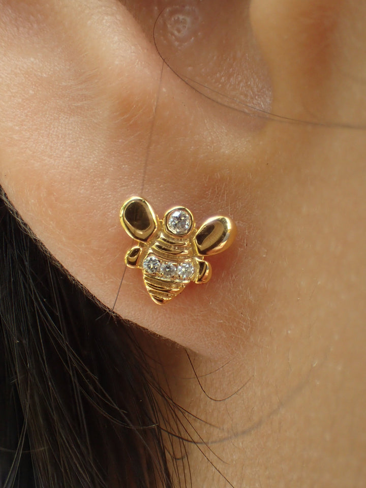 Honey Bee Gold Earrings, Gorgeous Pair of Bumble Bee, 14k Solid Gold with White Sapphires, Tiny Bee Earrings, Stud Post Earrings