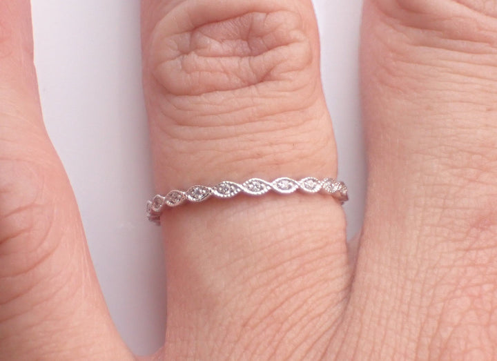 Marquise Shape Eyelet Inspired Band, 14k White Gold Full Eternity Band, Diamond Wedding Band, Thin Dainty Band