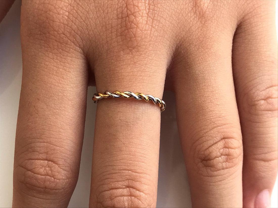 Twisted Rope Two Tone Ring in 14k Solid Gold, Simple Minimalist Ring, Hand Made Ring, Infinity Rope Ring 1.5mm