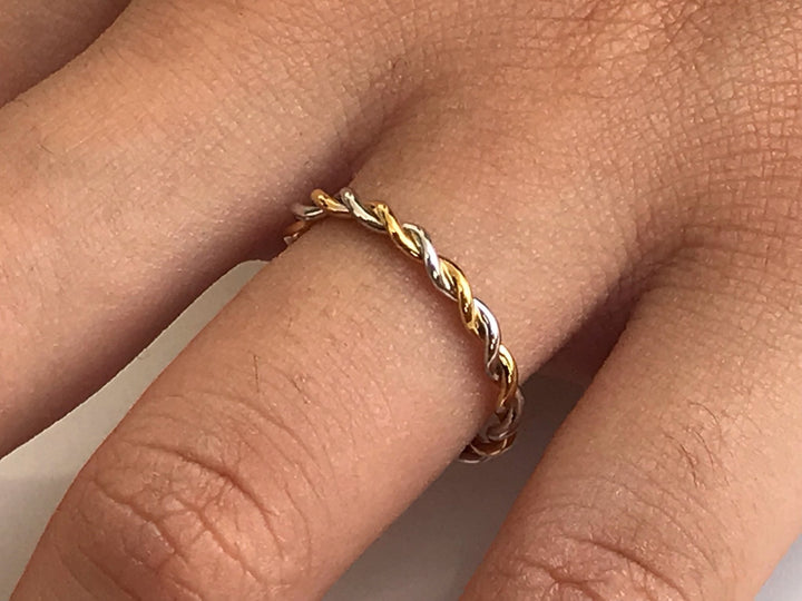 Twist Infinity Ring, 14k Solid Gold Two Tone Ring, 1.5mm Twisted Skinny Wedding Band, Thin Dainty Band, Rope Infinity Band