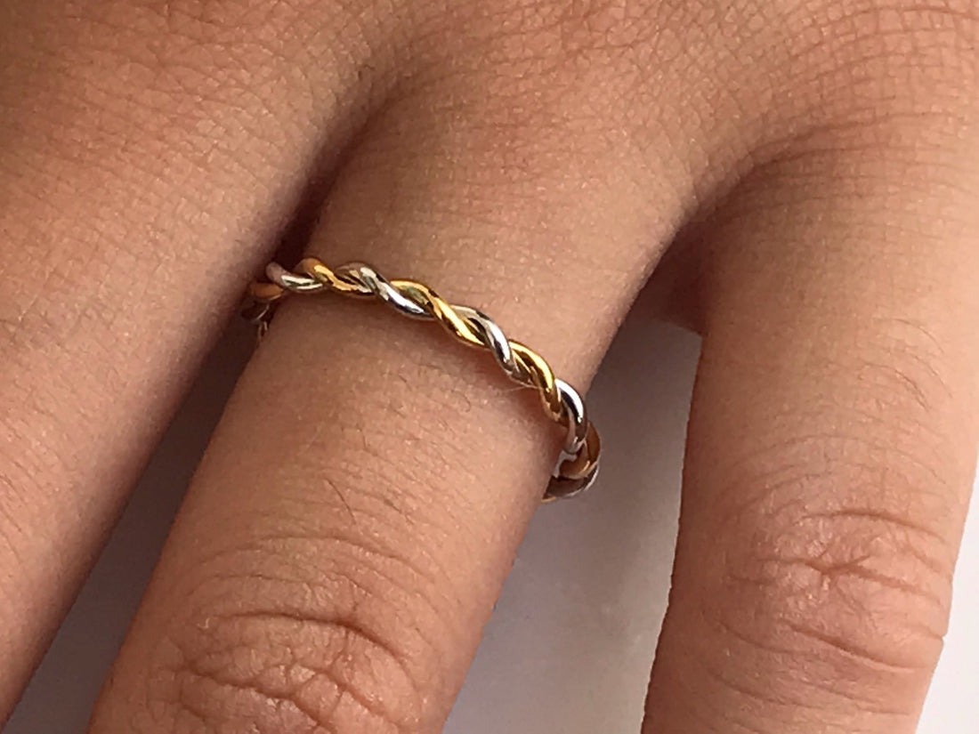 Twist Infinity Ring, 14k Solid Gold Two Tone Ring, 1.5mm Twisted Skinny Wedding Band, Thin Dainty Band, Rope Infinity Band