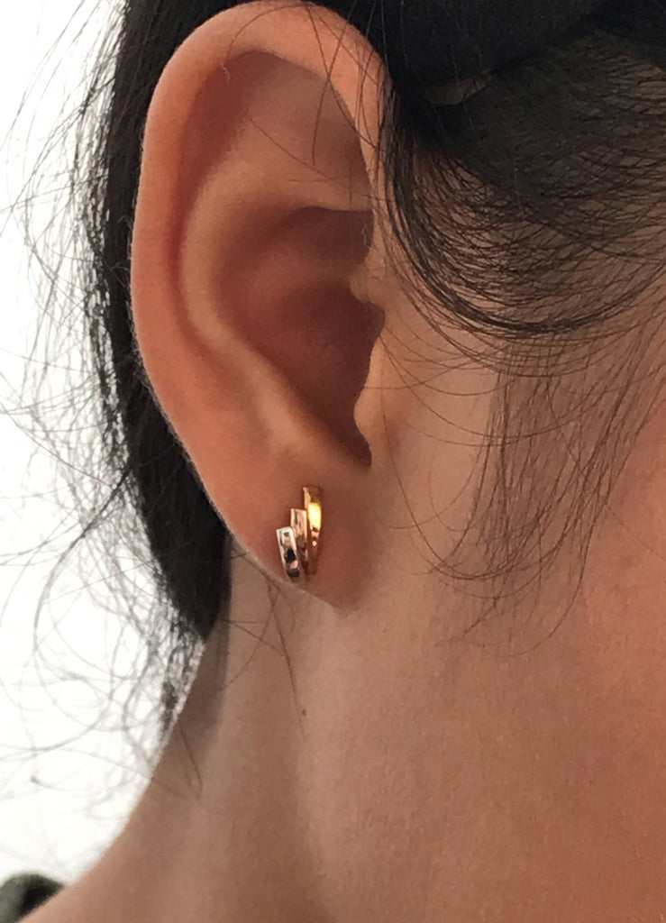 Three Color Earrings in 14K Solid Gold, Stud Post Earrings, Tri Color Earrings, Delicate Tiny Stud Earrings