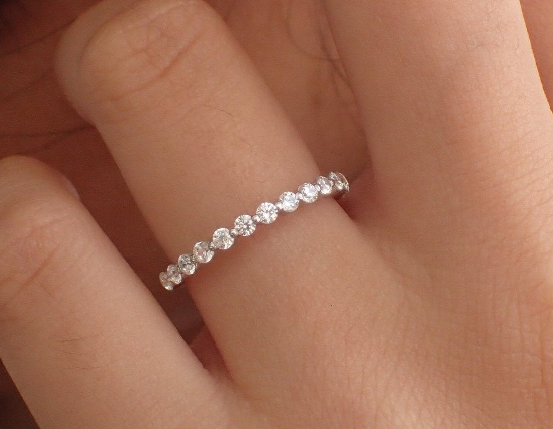 1.8mm Single Prong Diamond Wedding Band, Half Eternity Band in 14k Solid Gold, Prong Setting Band, Delicate Bubble Band