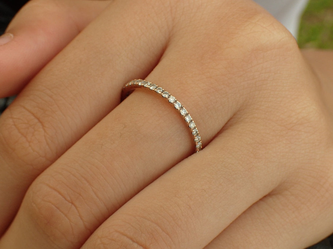 Micro Pave Eternity Diamond Band, 14k Rose Gold Delicate Dainty Full Eternity Band, Ready to Ship - Fast Shipping