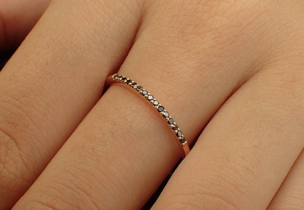 Black Diamond Stackable Band, 14k Solid Gold Thin Dainty Band, Dainty Black Diamond Bridal Band, Delicate Gift for Her