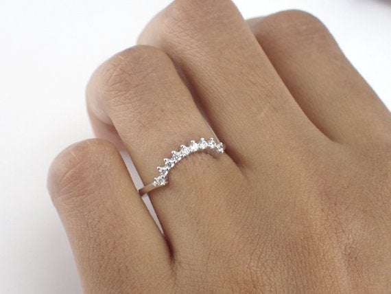 Crown Diamond Ring, 14K Solid Gold Chevron Ring, Curved Diamond Band, Curved Band Enhancer, Matching Crown Ring