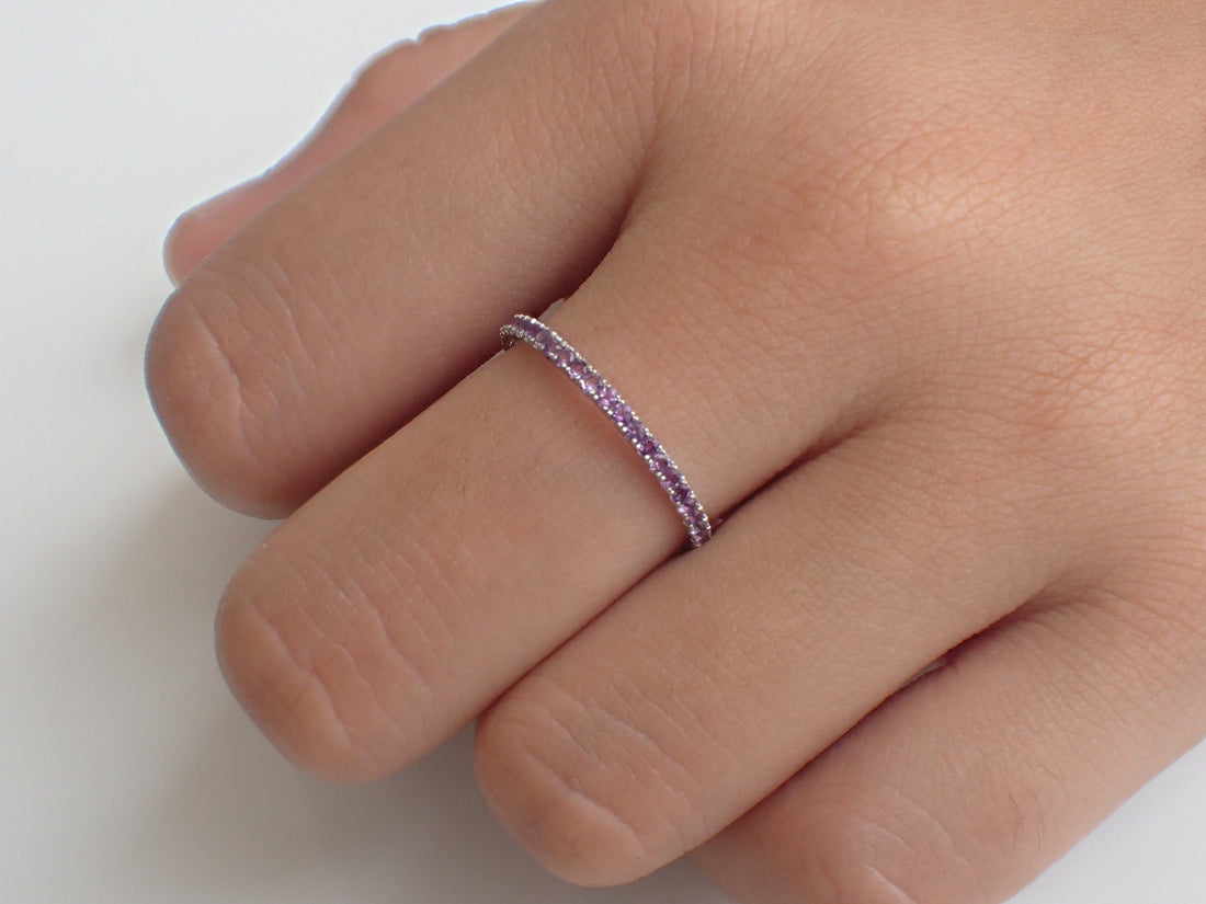 Amethyst Eternity Band, Solid Gold Full Eternity Ring, Thin Dainty Band, February Birthstone Ring, Delicate Amethyst Ring