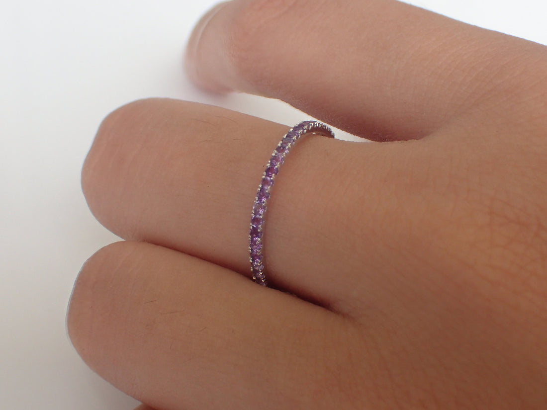 Amethyst Eternity Band, Solid Gold Full Eternity Ring, Thin Dainty Band, February Birthstone Ring, Delicate Amethyst Ring