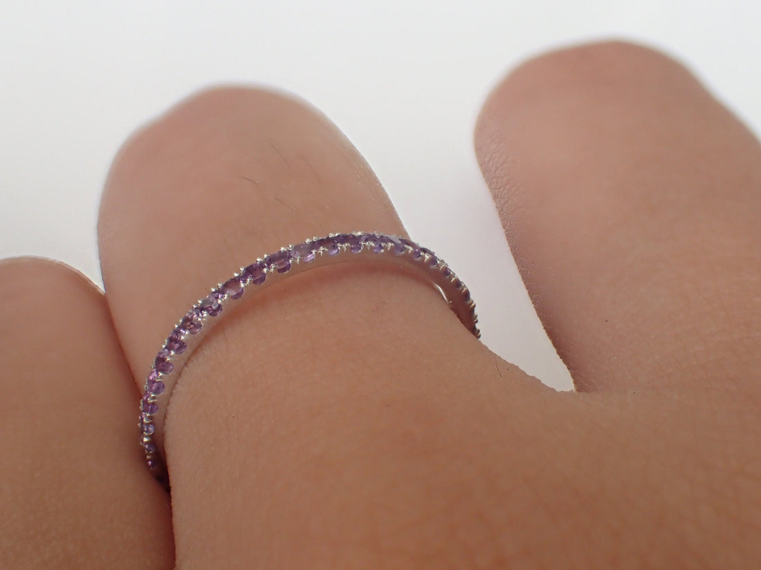 Amethyst Eternity Band, Solid Gold Full Eternity Ring, Thin Dainty Band, February Birthstone Ring, Delicate Amethyst Ring