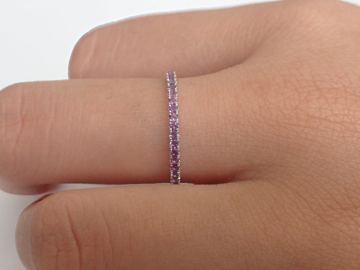 Platinum Amethyst Band, Micro Pave Eternity Thin Dainty Band, Delicate Amethyst Ring, February Birthstone Full Eternity Band