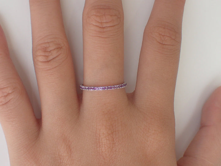 Platinum Amethyst Band, Micro Pave Eternity Thin Dainty Band, Delicate Amethyst Ring, February Birthstone Full Eternity Band