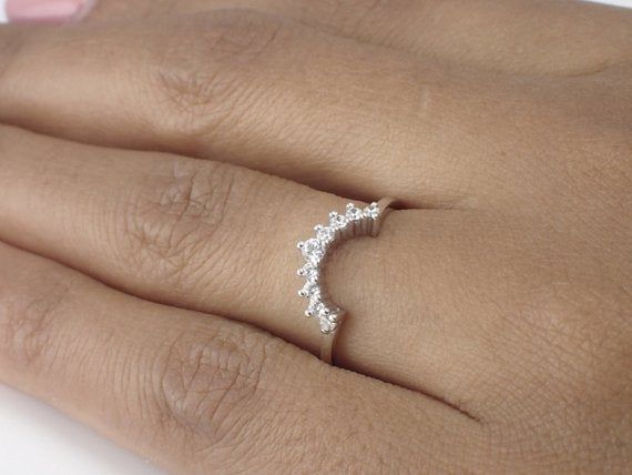 Diamond Curved Band, Curved Crown Ring, Diamond Wedding Band, Curved Ring Enhancer, Matching Diamond Ring