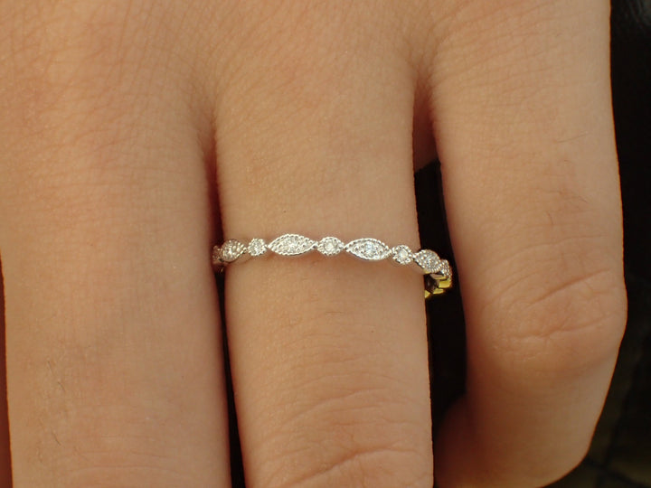 Art Deco Milgrain Wedding Band, Marquise Matching Band, Stackable Diamond Ring, Ready to Ship - Fast Shipping