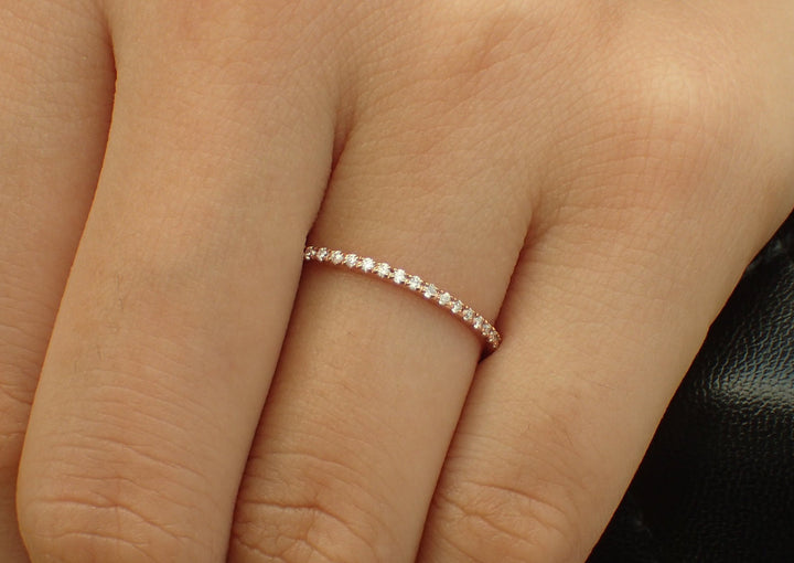 Micro Pave Eternity Thin Dainty Band, Half Eternity Pave Diamond Band, 14K Rose Gold, Ready to Ship - Fast Shipping